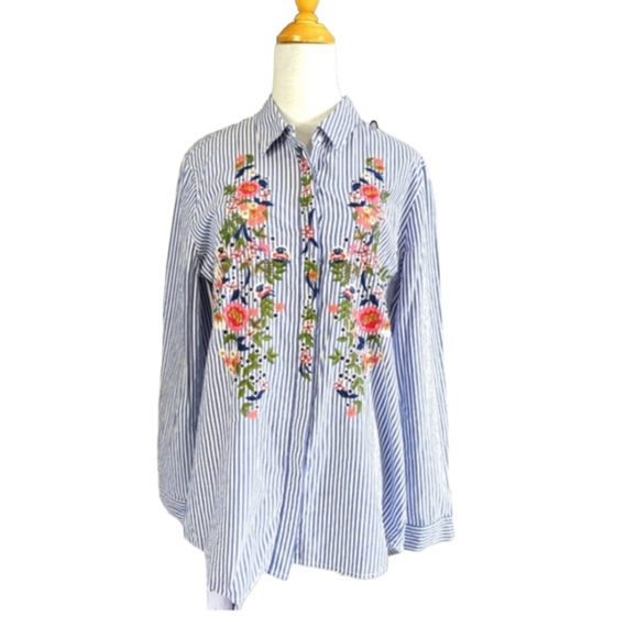 NANETTE LEPORE Embroidered Floral Button Down Long Sleeve Cotton Dress Shirt - Picture 1 of 12